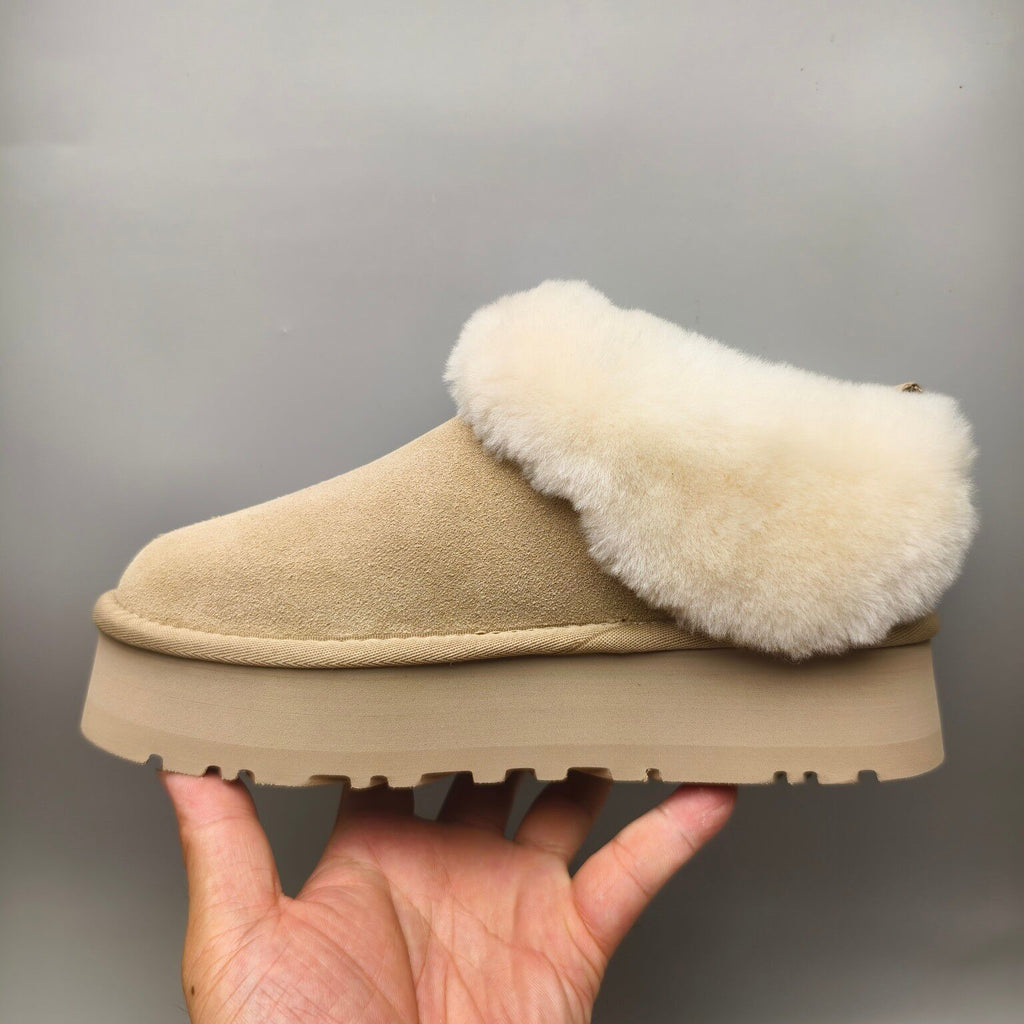 Platform Slip-On Shoes - Sand, Suede-Look Style 1393