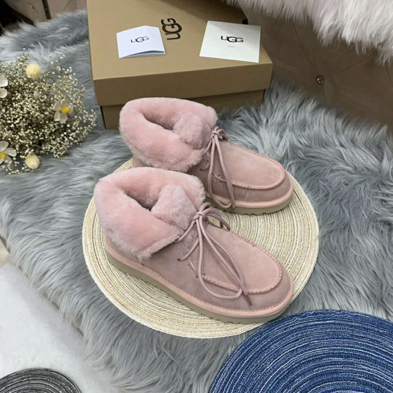 Lace-Up Ankle Boots with Exposed Fluffy Trim - Pink, Model 3090