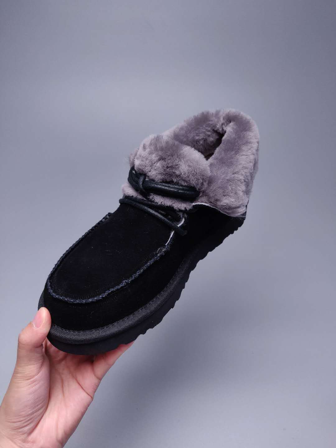 Lace-Up Ankle Boots with Exposed Fluffy Trim - Black, Model 3090