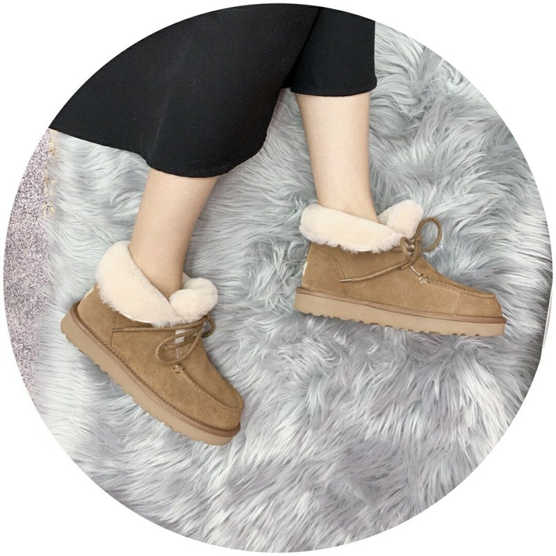 Lace-Up Ankle Boots with Exposed Fluffy Trim - Chestnut, Model 3090