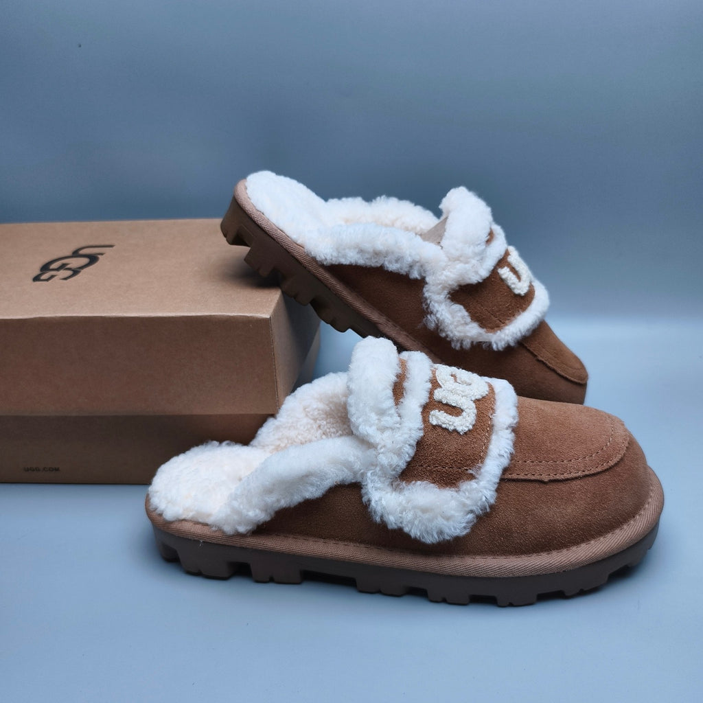 Curly Plush Logo Slippers - Chestnut, Model 1206