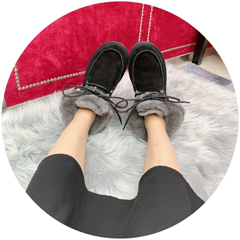 Lace-Up Ankle Boots with Exposed Fluffy Trim - Black, Model 3090