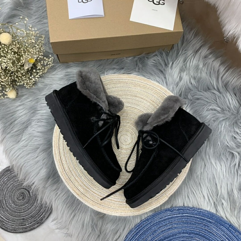 Lace-Up Ankle Boots with Exposed Fluffy Trim - Black, Model 3090