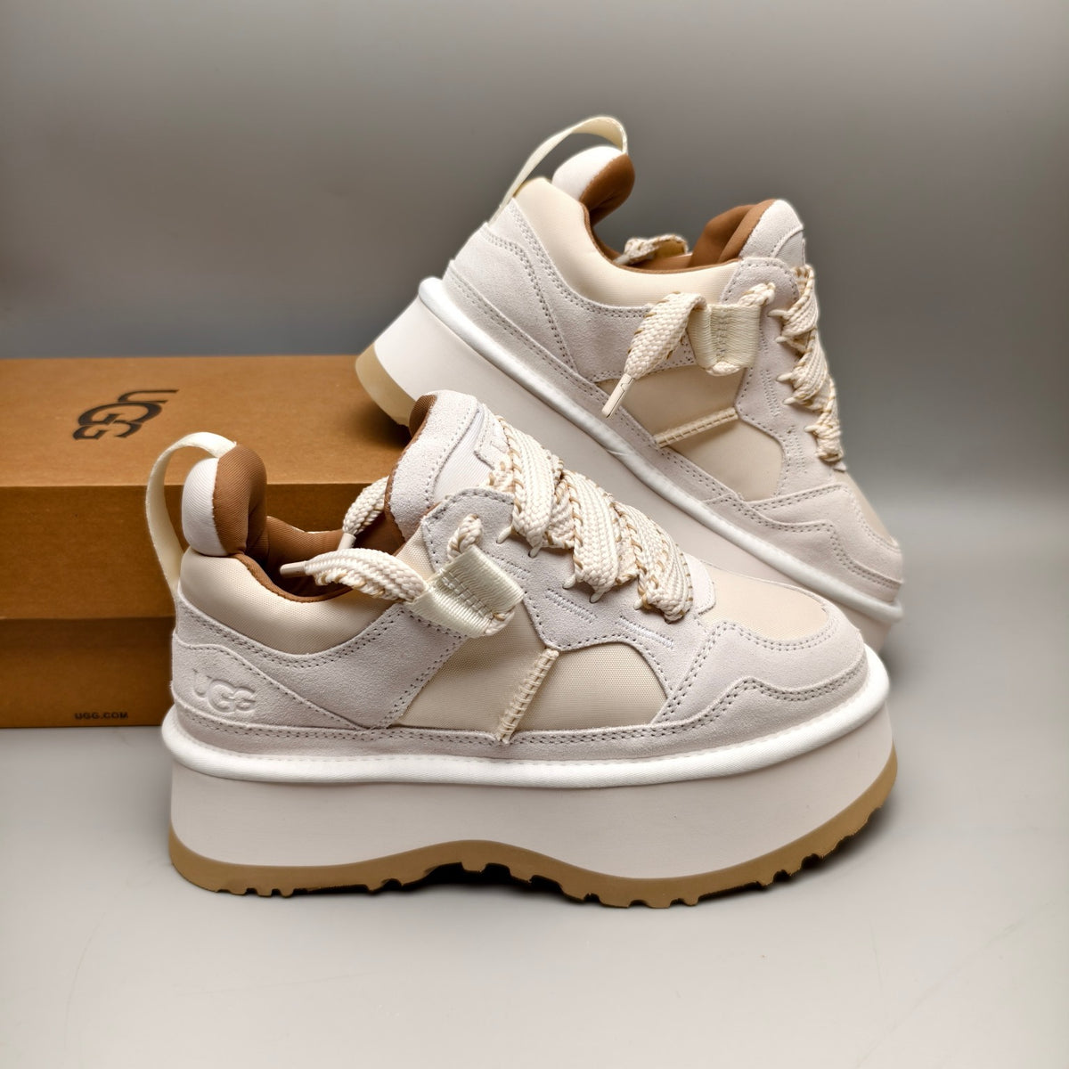 Chunky Platform Dad Sneakers - White, Lace-Up Style 1541