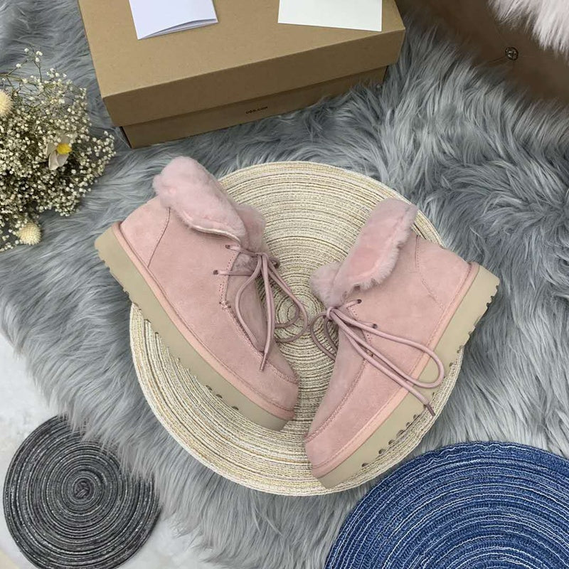 Lace-Up Ankle Boots with Exposed Fluffy Trim - Pink, Model 3090