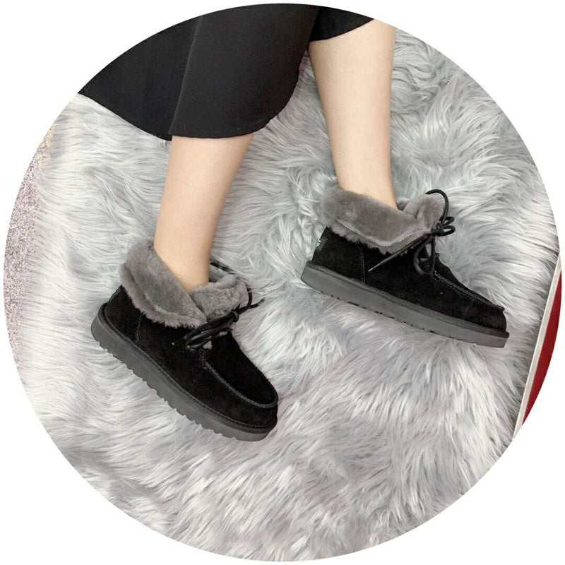 Lace-Up Ankle Boots with Exposed Fluffy Trim - Black, Model 3090