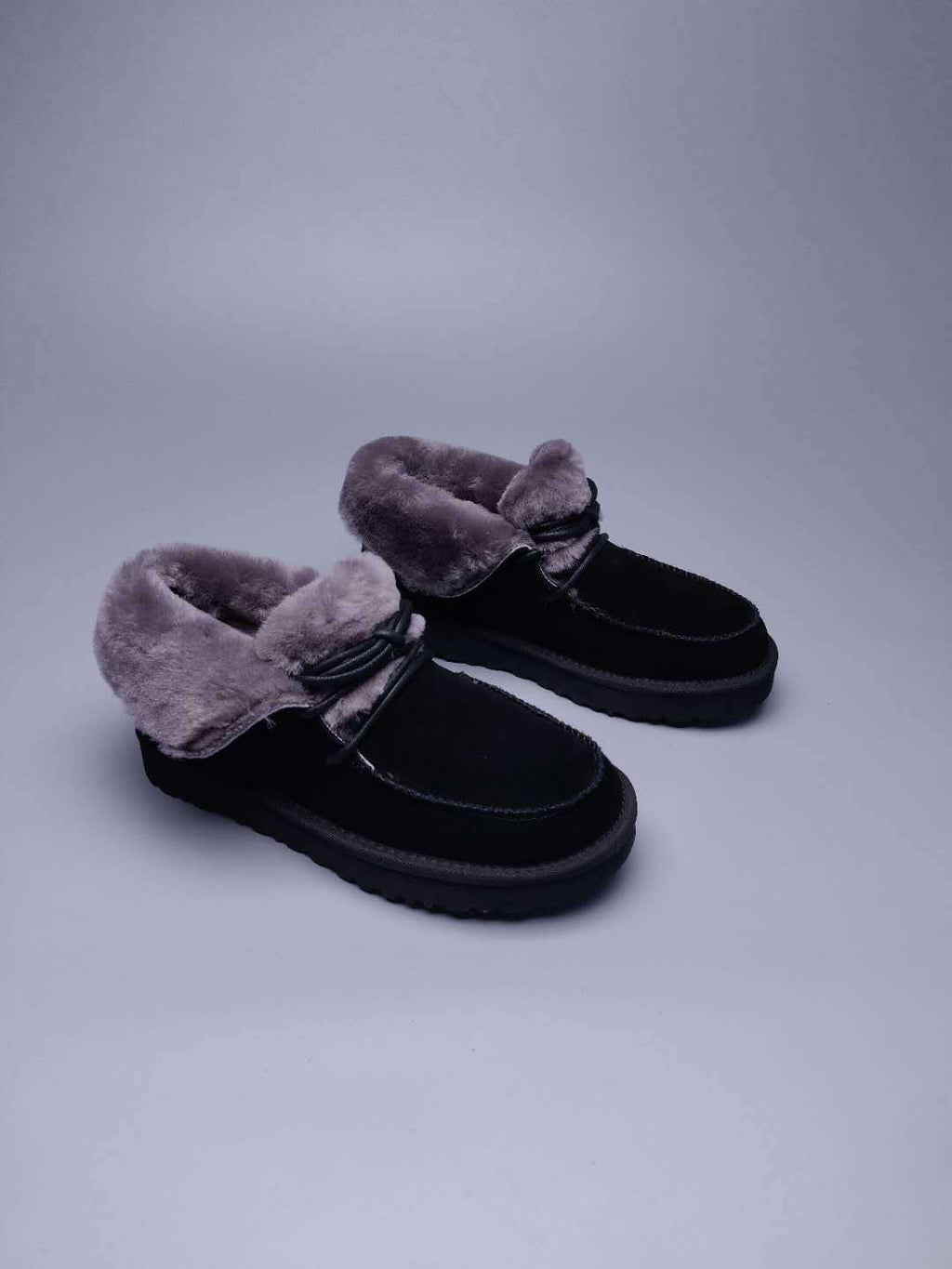 Lace-Up Ankle Boots with Exposed Fluffy Trim - Black, Model 3090