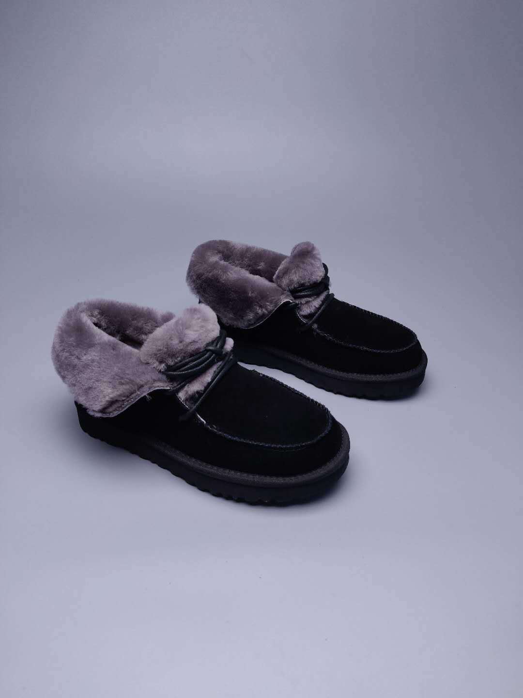 Lace-Up Ankle Boots with Exposed Fluffy Trim - Black, Model 3090
