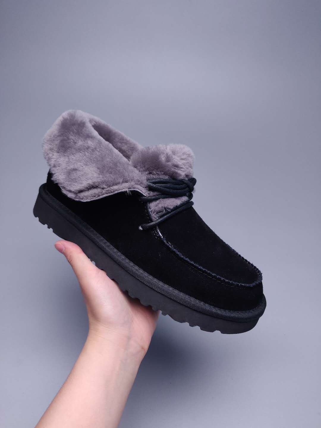 Lace-Up Ankle Boots with Exposed Fluffy Trim - Black, Model 3090