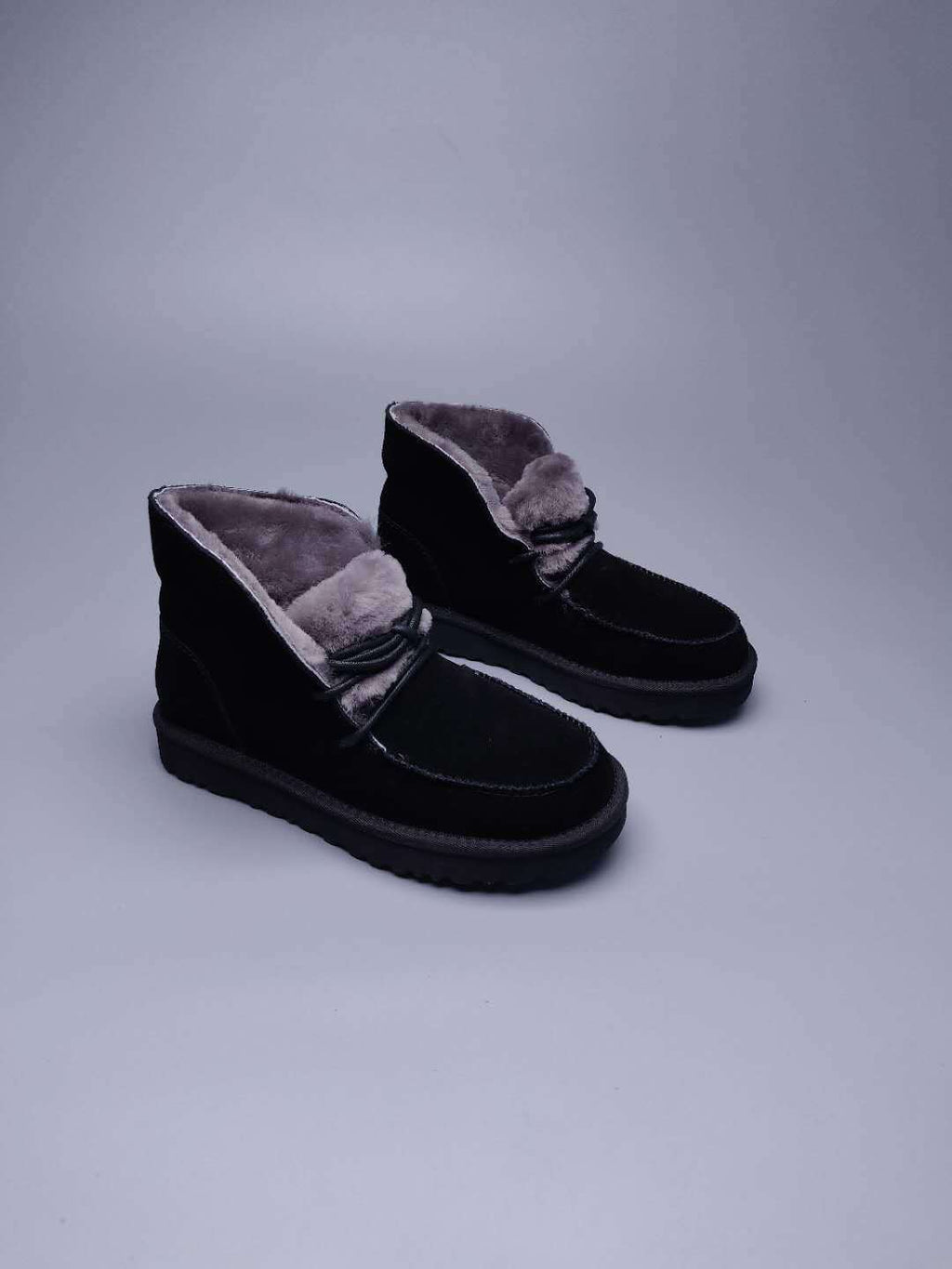 Lace-Up Ankle Boots with Exposed Fluffy Trim - Black, Model 3090