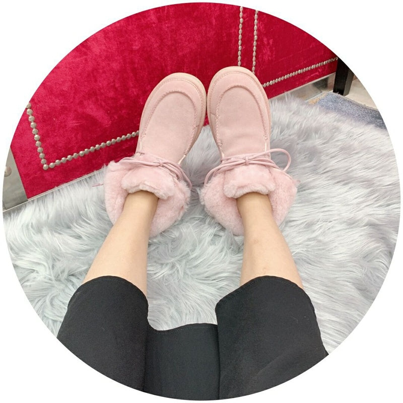 Lace-Up Ankle Boots with Exposed Fluffy Trim - Pink, Model 3090