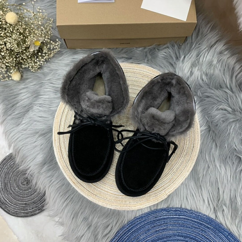 Lace-Up Ankle Boots with Exposed Fluffy Trim - Black, Model 3090