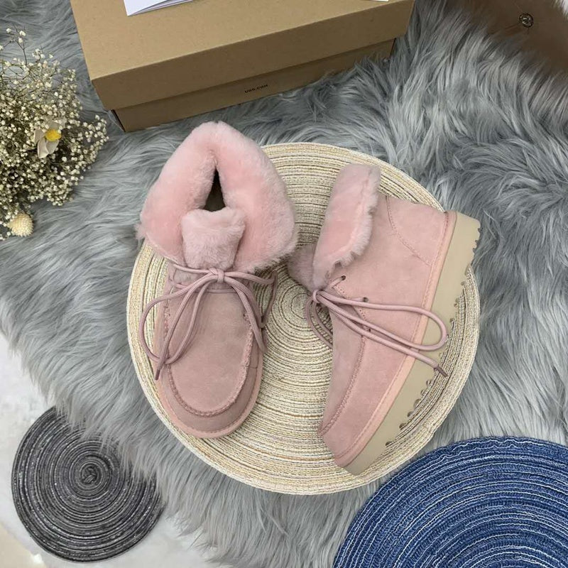 Lace-Up Ankle Boots with Exposed Fluffy Trim - Pink, Model 3090