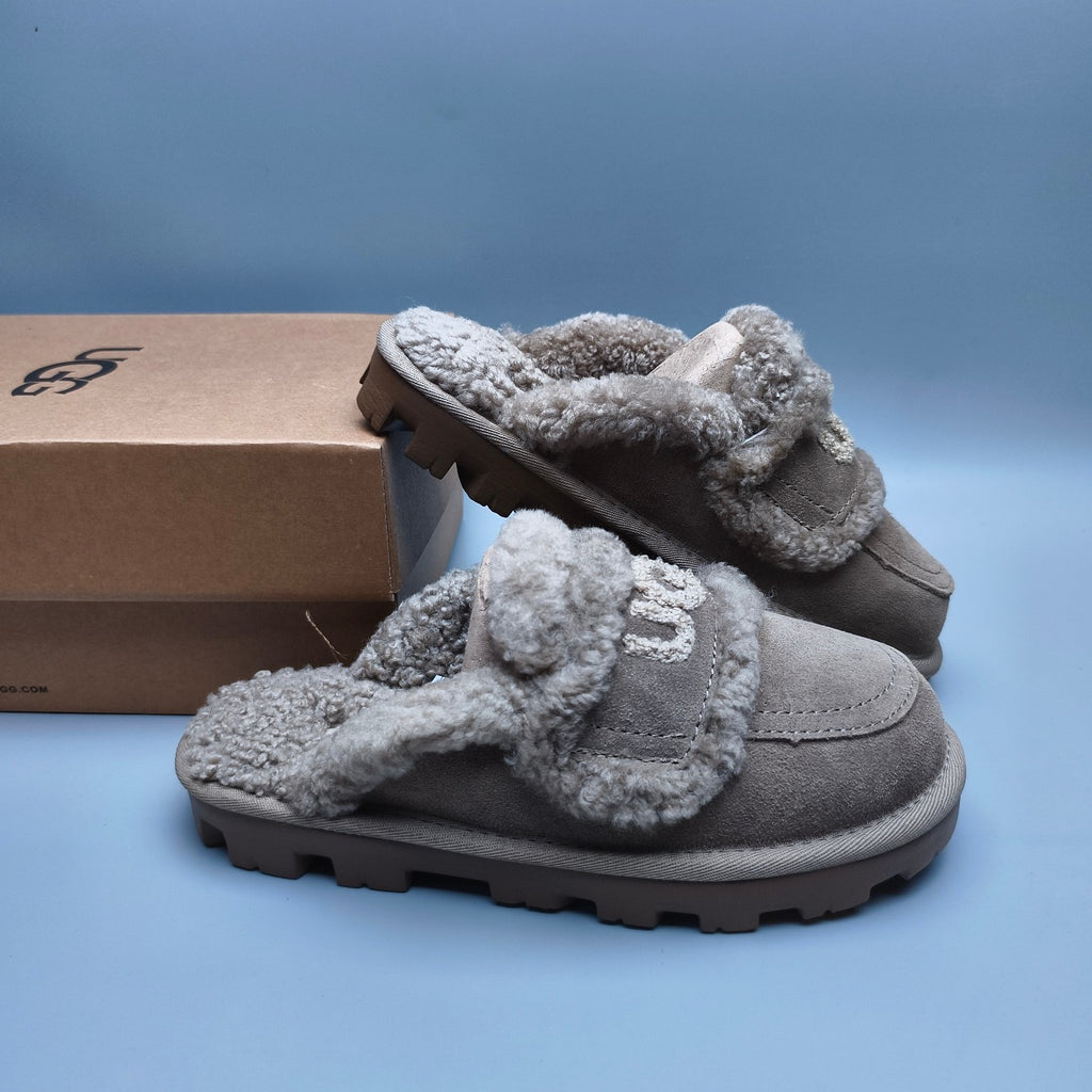 Curly Plush Logo Slippers - Antelope Brown, Model 1206
