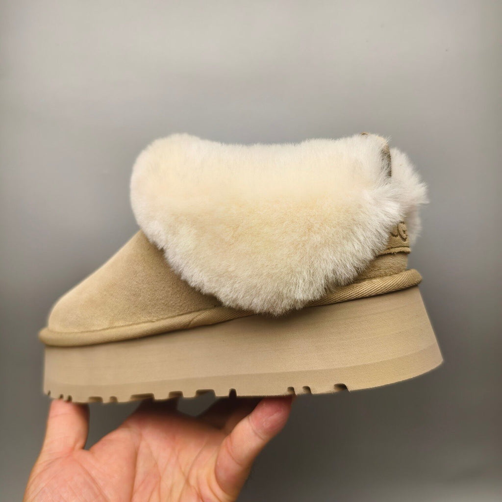 Platform Slip-On Shoes - Sand, Suede-Look Style 1393