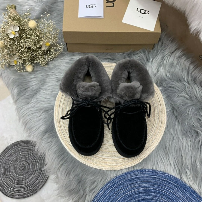 Lace-Up Ankle Boots with Exposed Fluffy Trim - Black, Model 3090