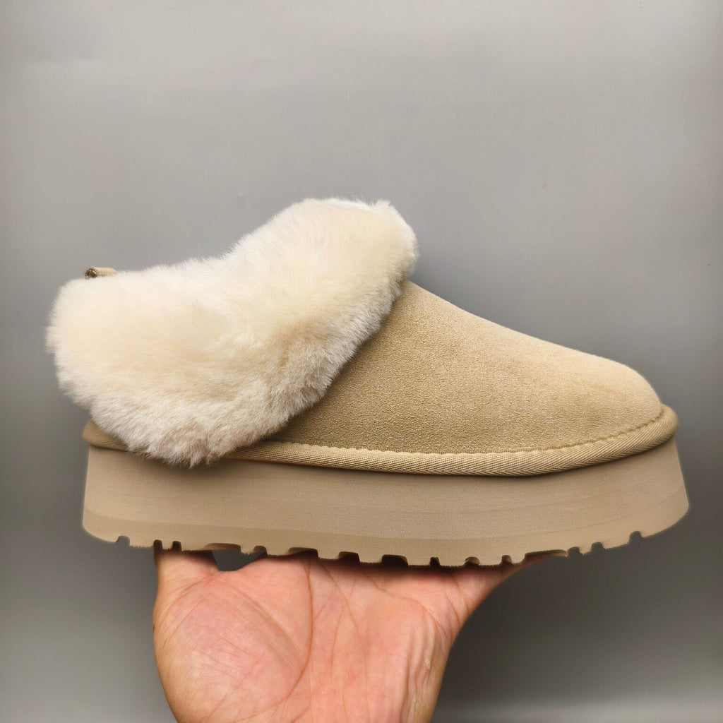 Platform Slip-On Shoes - Sand, Suede-Look Style 1393