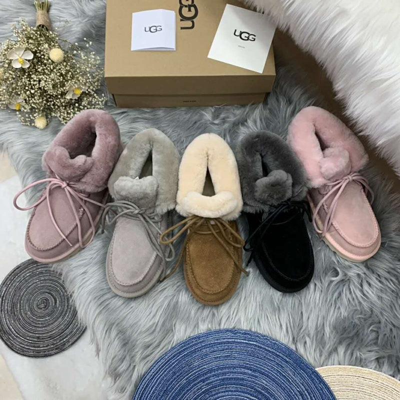 Lace-Up Ankle Boots with Exposed Fluffy Trim - Pink, Model 3090