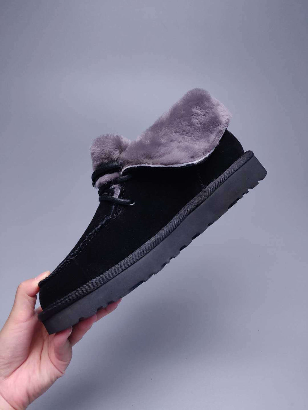 Lace-Up Ankle Boots with Exposed Fluffy Trim - Black, Model 3090