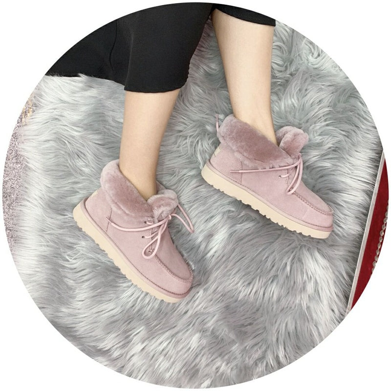 Lace-Up Ankle Boots with Exposed Fluffy Trim - Pink, Model 3090