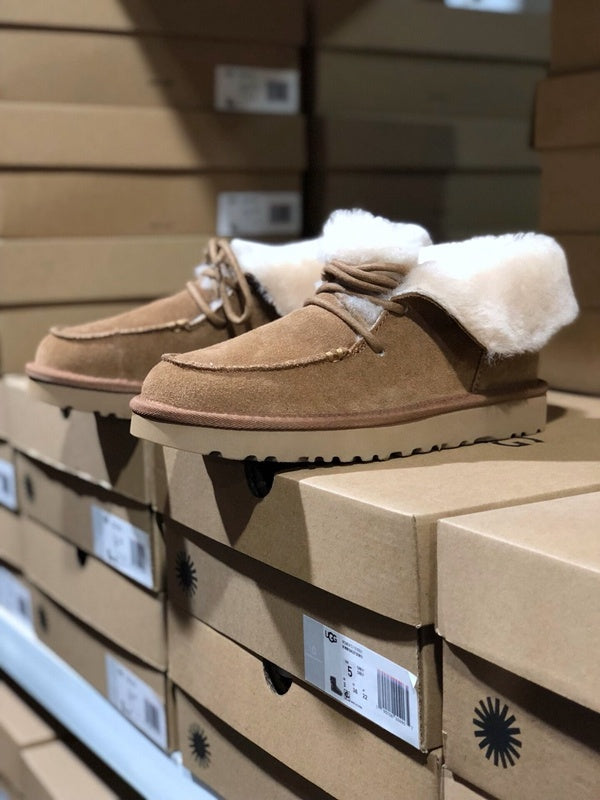 Lace-Up Ankle Boots with Exposed Fluffy Trim - Chestnut, Model 3090