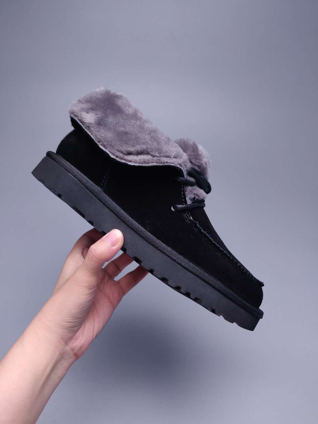 Lace-Up Ankle Boots with Exposed Fluffy Trim - Black, Model 3090