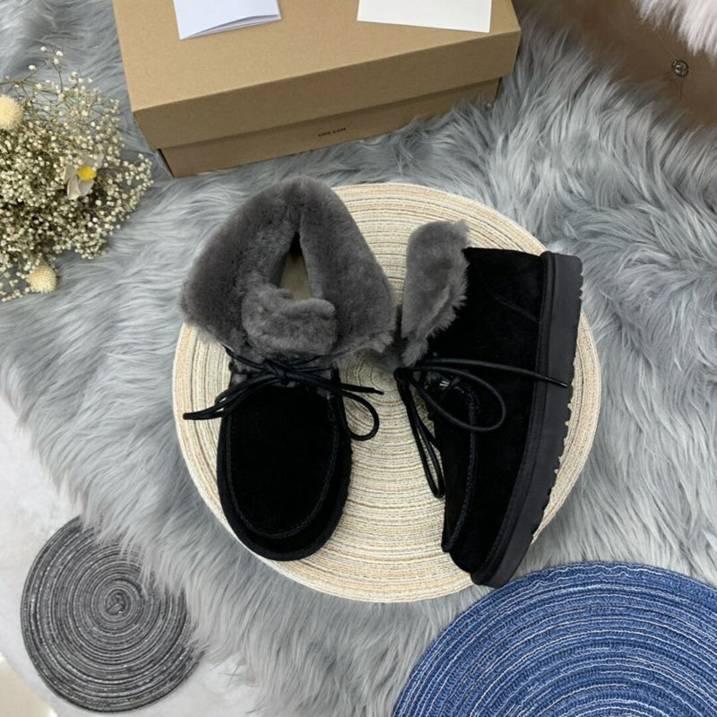 Lace-Up Ankle Boots with Exposed Fluffy Trim - Black, Model 3090
