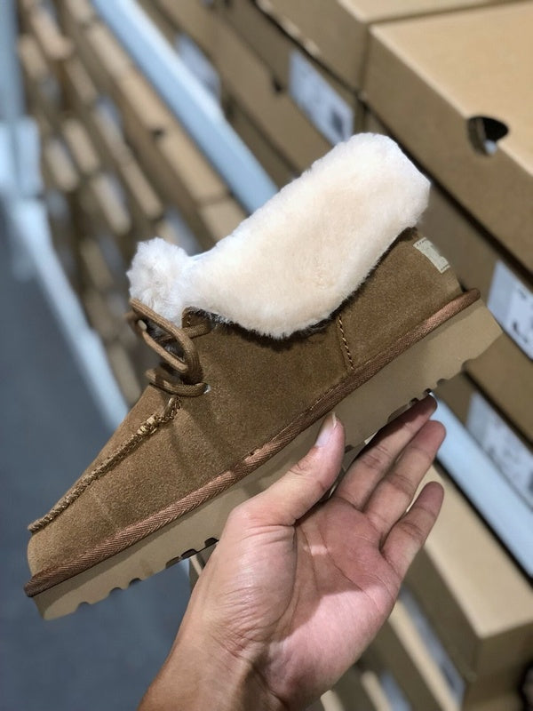 Lace-Up Ankle Boots with Exposed Fluffy Trim - Chestnut, Model 3090