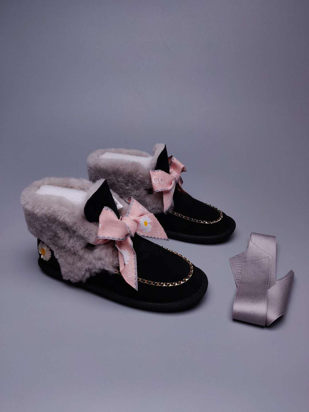 Daisy Chain and Ribbon Detail Shoes - Black, Model 7888