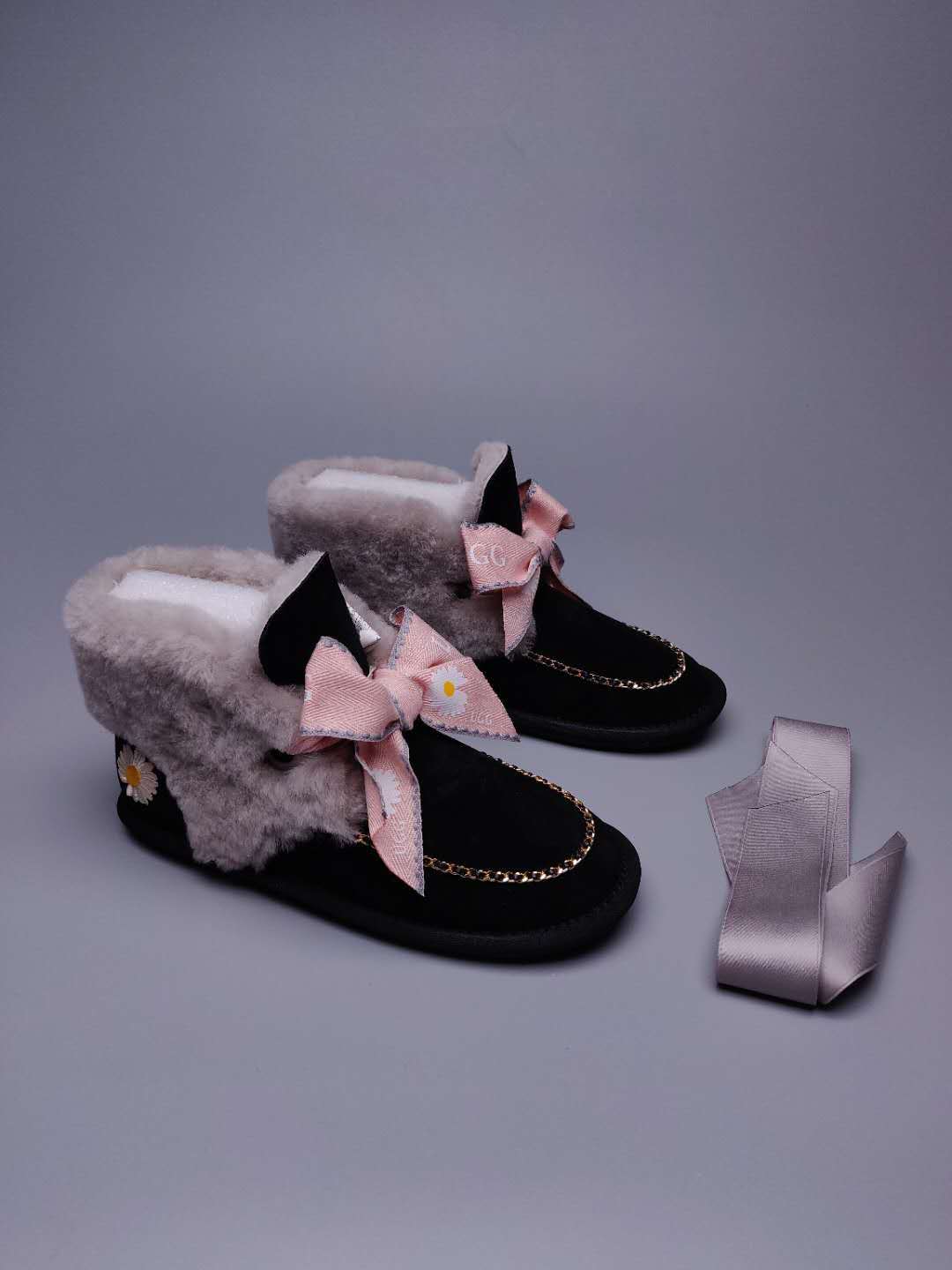 Daisy Chain and Ribbon Detail Shoes - Black, Model 7888
