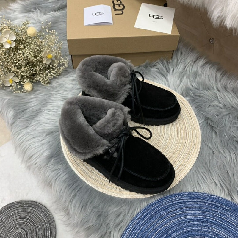 Lace-Up Ankle Boots with Exposed Fluffy Trim - Black, Model 3090