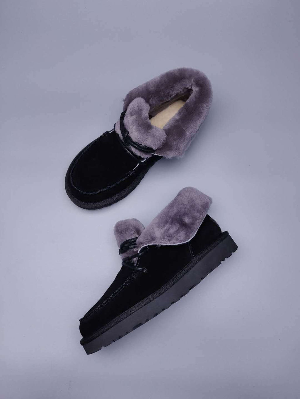 Lace-Up Ankle Boots with Exposed Fluffy Trim - Black, Model 3090