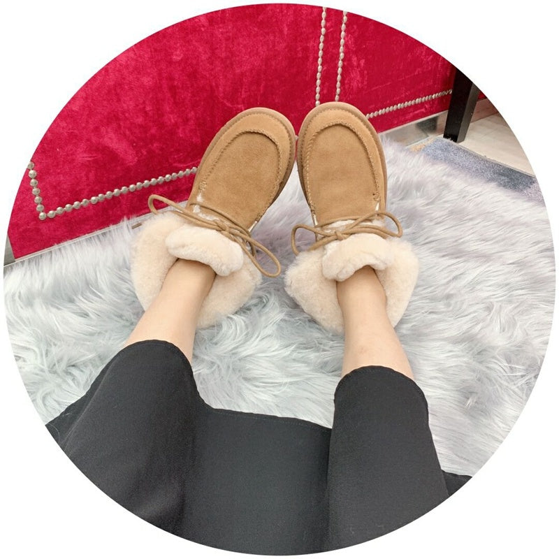 Lace-Up Ankle Boots with Exposed Fluffy Trim - Chestnut, Model 3090