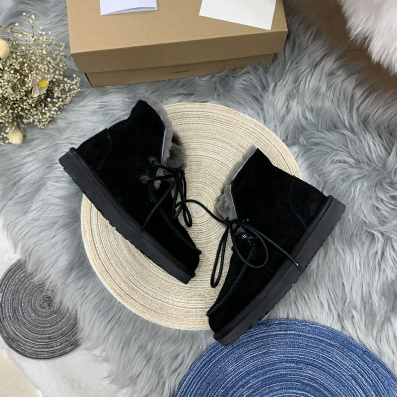 Lace-Up Ankle Boots with Exposed Fluffy Trim - Black, Model 3090