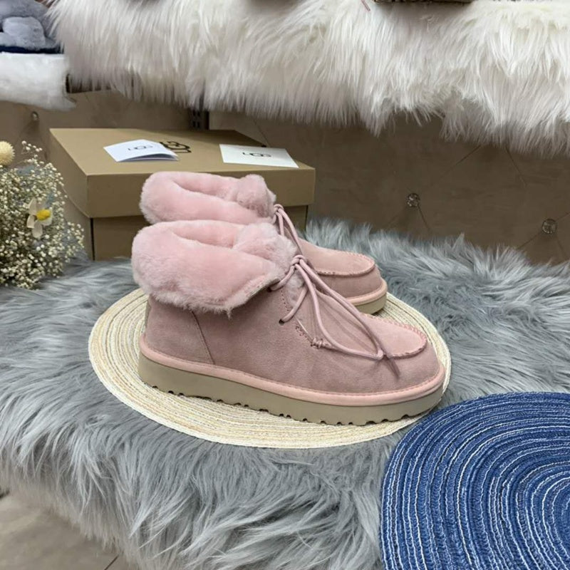 Lace-Up Ankle Boots with Exposed Fluffy Trim - Pink, Model 3090