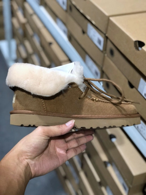 Lace-Up Ankle Boots with Exposed Fluffy Trim - Chestnut, Model 3090