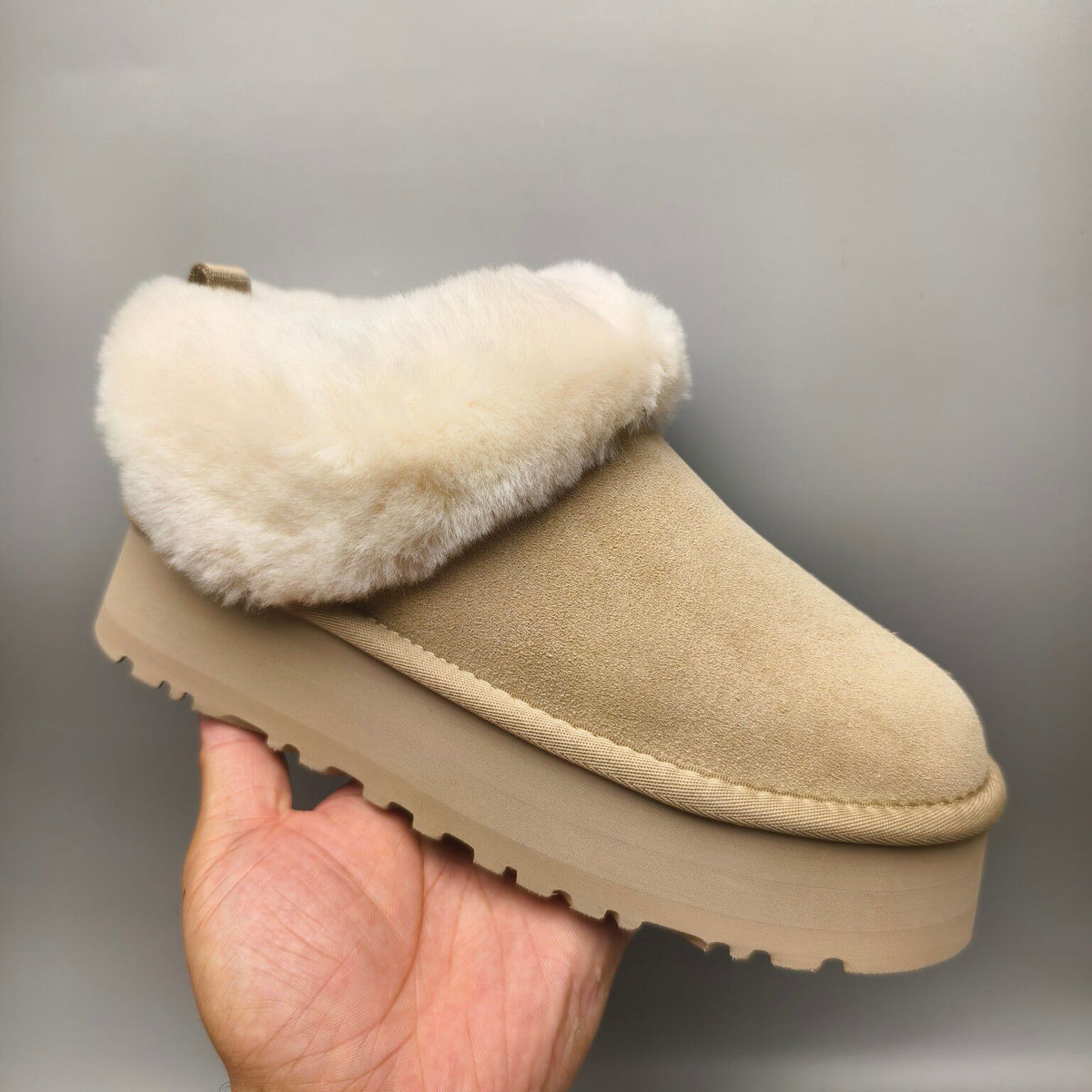 Platform Slip-On Shoes - Sand, Suede-Look Style 1393