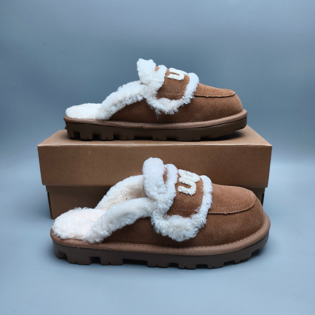 Curly Plush Logo Slippers - Chestnut, Model 1206