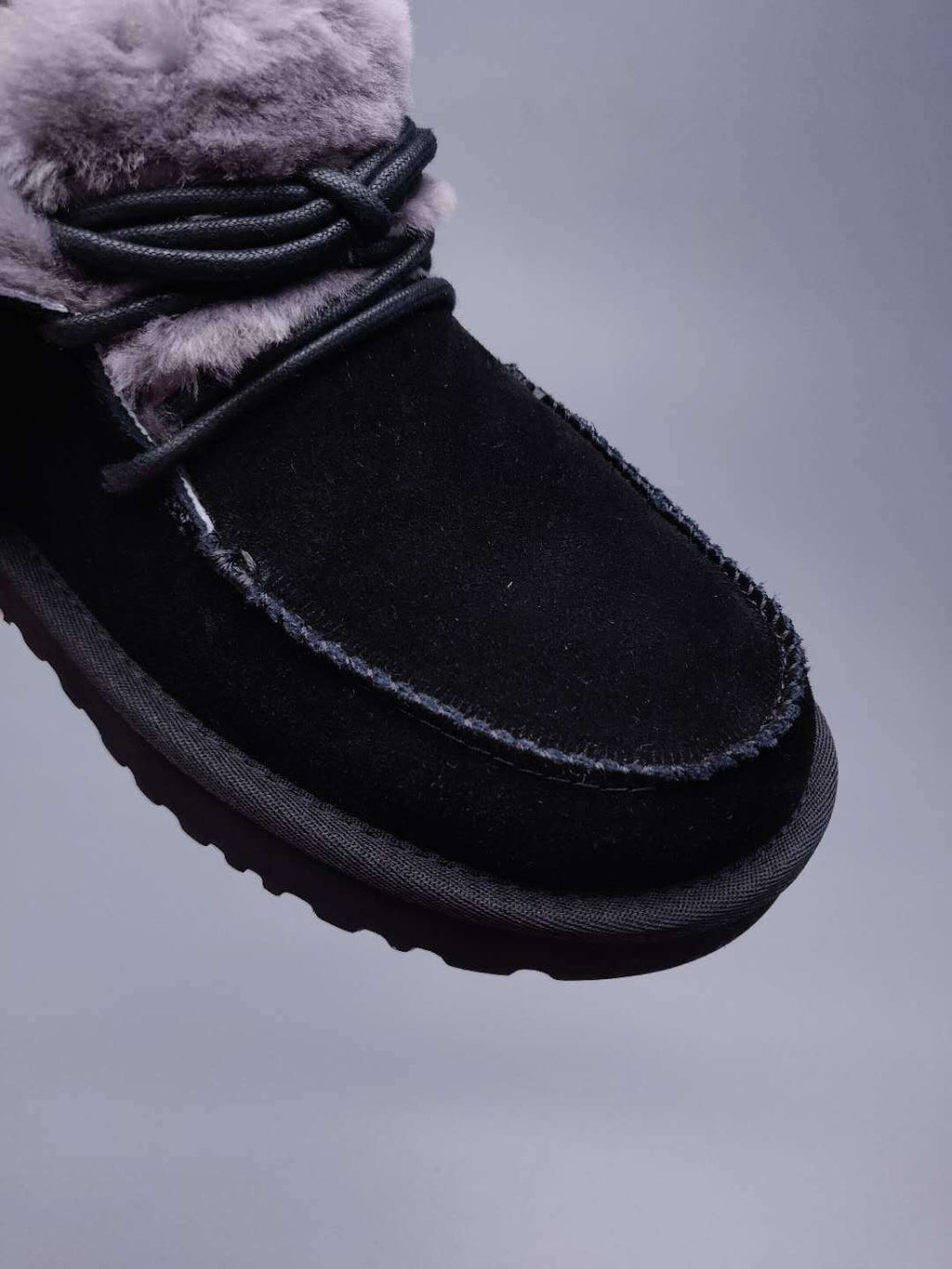 Lace-Up Ankle Boots with Exposed Fluffy Trim - Black, Model 3090