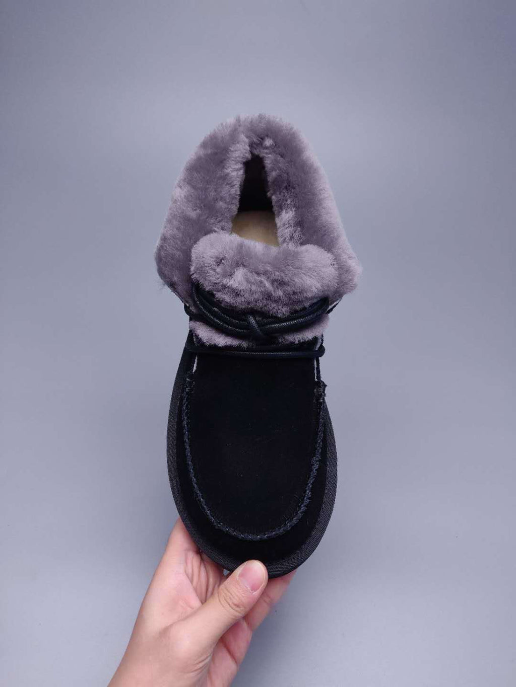 Lace-Up Ankle Boots with Exposed Fluffy Trim - Black, Model 3090