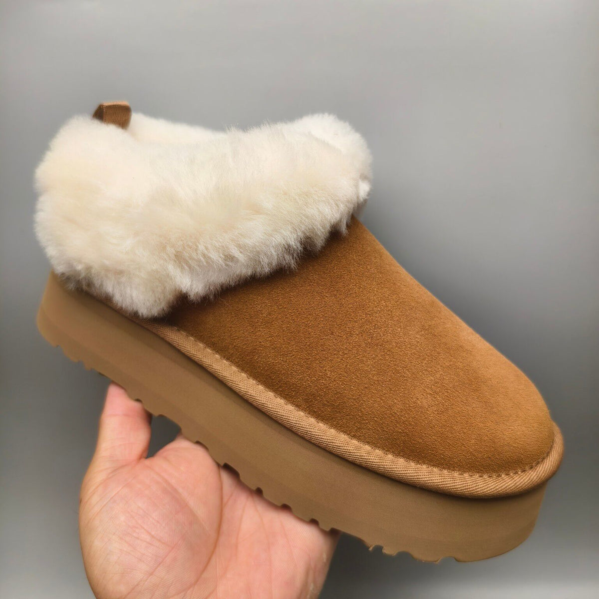 Platform Slip-On Shoes - Chestnut, Suede-Look Style 1393