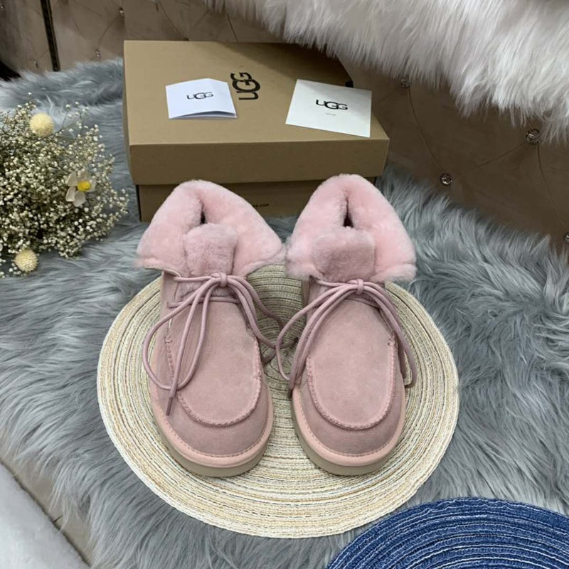 Lace-Up Ankle Boots with Exposed Fluffy Trim - Pink, Model 3090