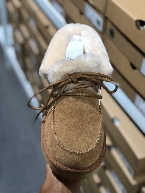 Lace-Up Ankle Boots with Exposed Fluffy Trim - Chestnut, Model 3090