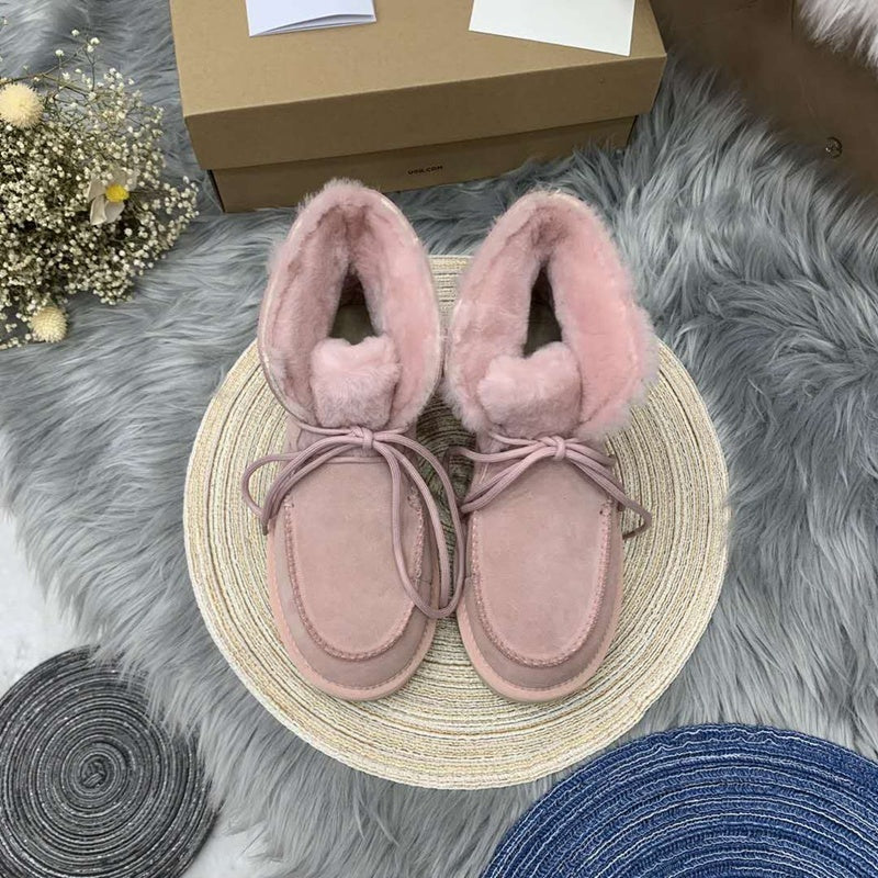 Lace-Up Ankle Boots with Exposed Fluffy Trim - Pink, Model 3090