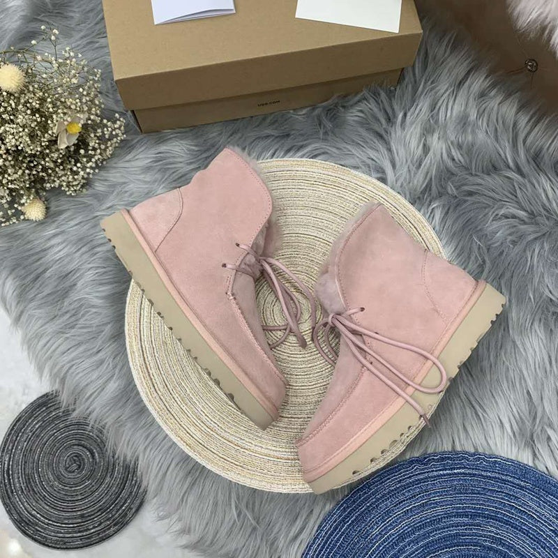 Lace-Up Ankle Boots with Exposed Fluffy Trim - Pink, Model 3090